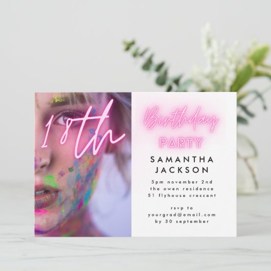 achttien | 18e Pink Neon Birthday Party Kaart (Staand voorkant)