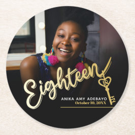 Achttien 18e verjaardag aangepaste fotoscript goud ronde kartonnen onderzetter