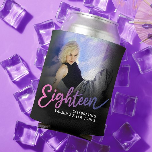 Achttien 18e verjaardag fotoscript roze paarse blikjeskoeler