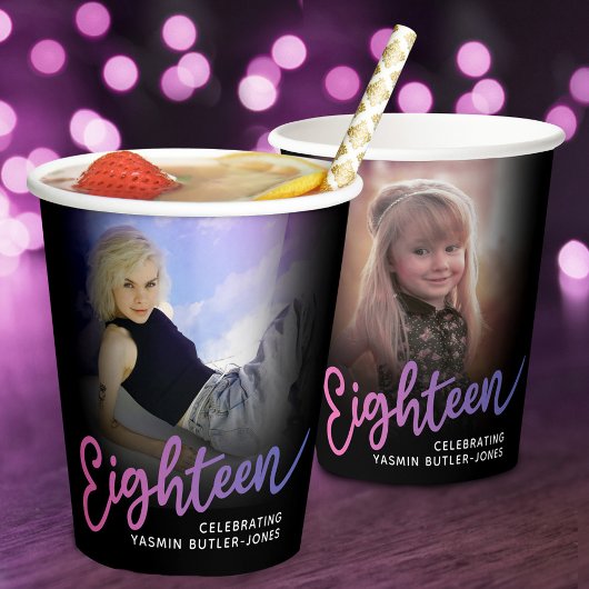 Achttien 18e verjaardag fotoscript roze paarse papieren bekers