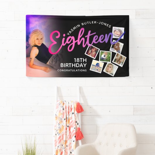 Achttien 18e Verjaardagsfoto paarse roze zwart Spandoek (Insitu)
