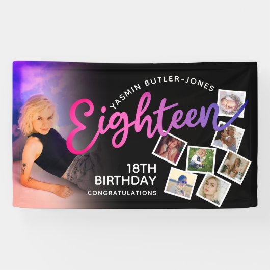 Achttien 18e Verjaardagsfoto paarse roze zwart Spandoek (Horizontaal)