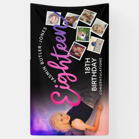Achttien 18e Verjaardagsfoto paarse roze zwart Spandoek (Verticaal)
