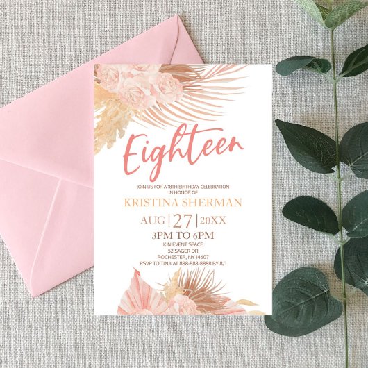 Achttien Boho Roze Bloemen 18e Verjaardagsfeest Kaart