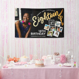 Achttien gouden 18e verjaardag foto's op zwart spandoek