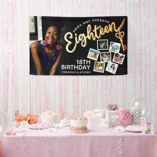 Achttien gouden 18e verjaardag foto's op zwart spandoek (Feest)