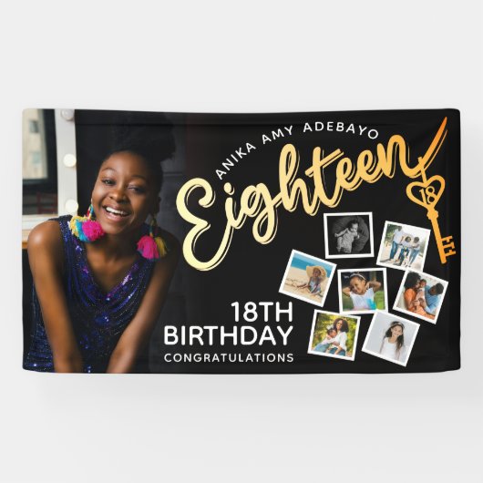 Achttien gouden 18e verjaardag foto's op zwart spandoek (Horizontaal)