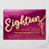 Achttien script key 18e verjaardag goud roze rood folie uitnodiging (Voorkant)
