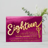 Achttien script key 18e verjaardag goud roze rood folie uitnodiging (Staand Voorkant)