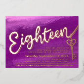 Achttien script key 18e verjaardag paars roos gold folie uitnodiging (Voorkant)