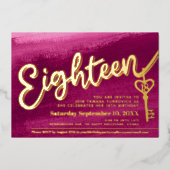 Achttien script sleutel 18e verjaardag goud roze folie uitnodiging (Voorkant)