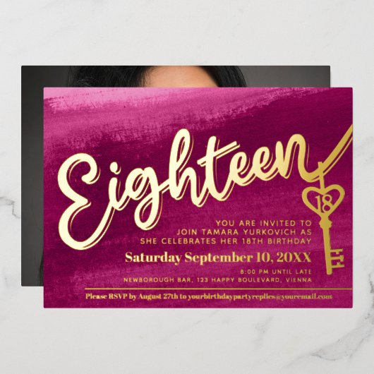 Achttien script sleutel 18e verjaardag goud roze folie uitnodiging (Voorkant / Achterkant)