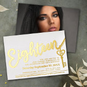 Achttien scripttekstcode 18e verjaardags goud wit folie uitnodiging