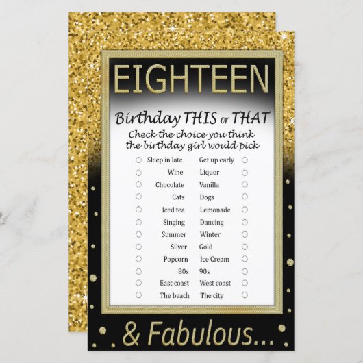 Achttien verjaardag Dit of dat spel (Voorkant / Achterkant)