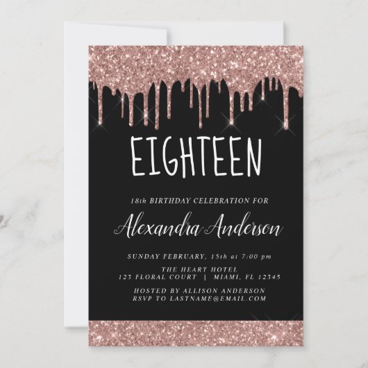 Achttiende - 18e Roos Gouden Glitter Verjaardag Kaart (Voorkant)