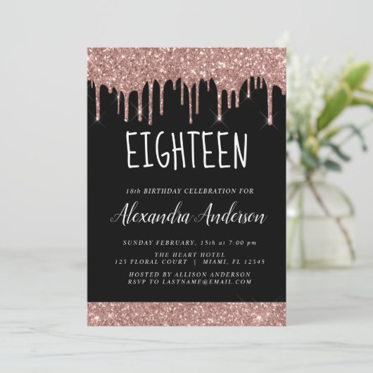 Achttiende - 18e Roos Gouden Glitter Verjaardag Kaart (Staand voorkant)