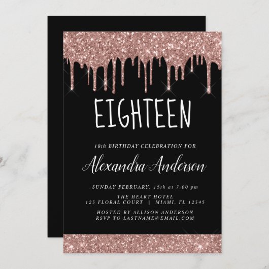 Achttiende - 18e Roos Gouden Glitter Verjaardag Kaart (Voorkant / Achterkant)