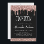 Achttiende - 18e Roos Gouden Glitter Verjaardag Kaart<br><div class="desc">Blush Pink - Roos Gold en Black Sparkly Dripping Glitter Achttien Verjaardag Party Invitation. Dit is de perfecte 18e verjaardagsuitnodiging voor een Modern Roos Gold en Blush Sparkle Pink Glitter Sparkle Girly verjaardagsfeestje. Neem contact op met de ontwerper voor bijpassende aangepaste items.</div>