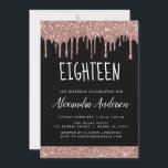 Achttiende - 18e Roos Gouden Glitter Verjaardag Kaart<br><div class="desc">Blush Pink - Roos Gold en Black Sparkly Dripping Glitter Achttien Verjaardag Party Invitation. Dit is de perfecte 18e verjaardagsuitnodiging voor een Modern Roos Gold en Blush Sparkle Pink Glitter Sparkle Girly verjaardagsfeestje. Neem contact op met de ontwerper voor bijpassende aangepaste items.</div>