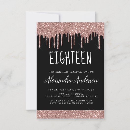 Achttiende - 18e Roos Gouden Glitter Verjaardag Kaart (Voorkant)