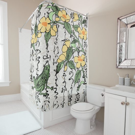 Achttiende eeuw Japanse Botanische Kikker Toad Douchegordijn (In situ)