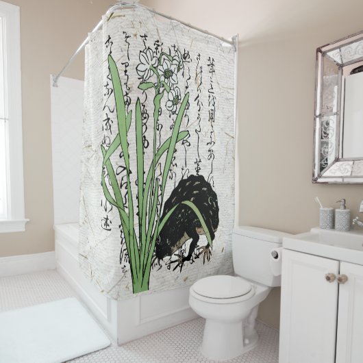 Achttiende eeuw Japanse Botanische Kikker Toad Douchegordijn (In situ)