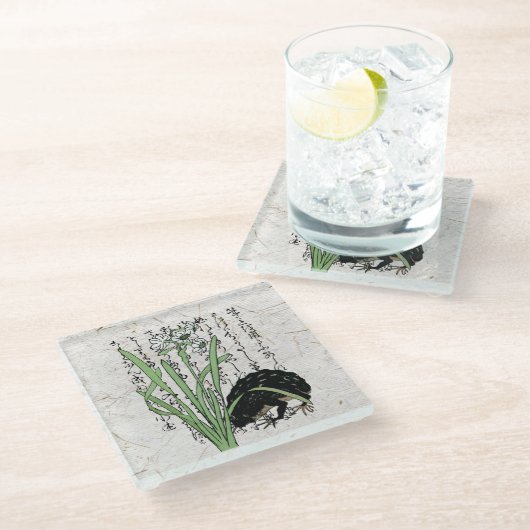 Achttiende eeuw Japanse Botanische Kikker Toad Glazen Onderzetter (Schuin)