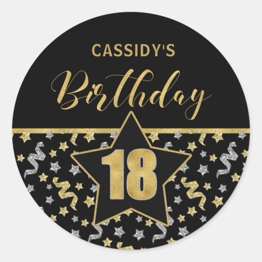 Achttiende Verjaardag Zwart en Goud Confetti Ronde Sticker (Voorkant)
