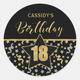 Achttiende Verjaardag Zwart en Goud Confetti Ronde Sticker