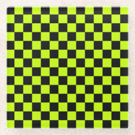 Acid green black checkerboard pattern glazen onderzetter