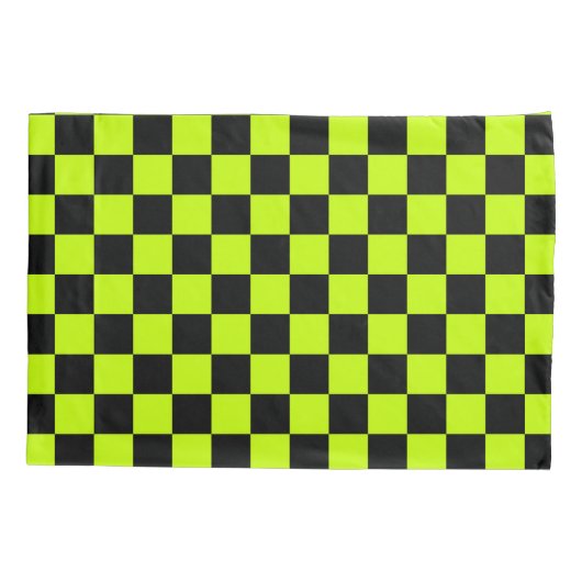 Acid green black checkerboard pattern kussensloop (Achterkant-Links)