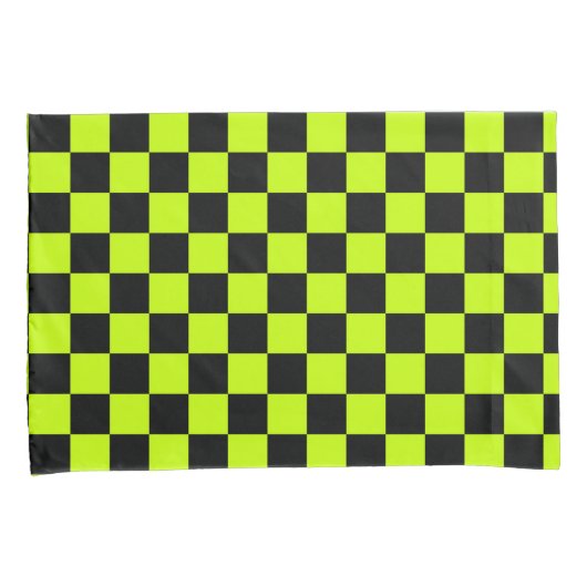 Acid green black checkerboard pattern kussensloop (Voorkant-Rechts)
