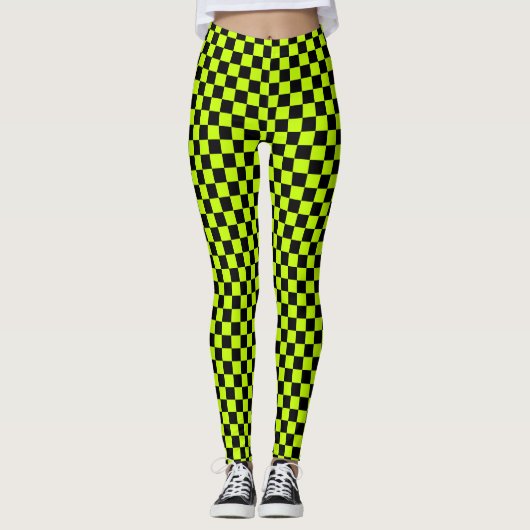 Acid green black checkerboard pattern leggings (Voorkant)