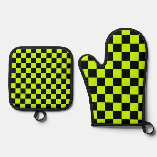 Acid green black checkerboard pattern ovenwant & pannenlap set (Voorkant)