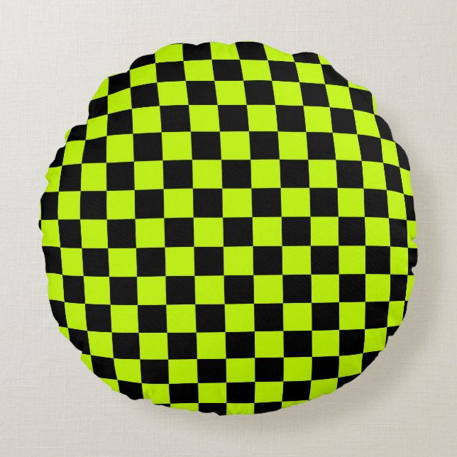 Acid green black checkerboard pattern rond kussen (Voorkant)