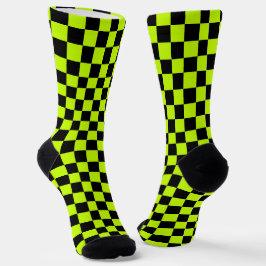 Acid green black checkerboard pattern sokken