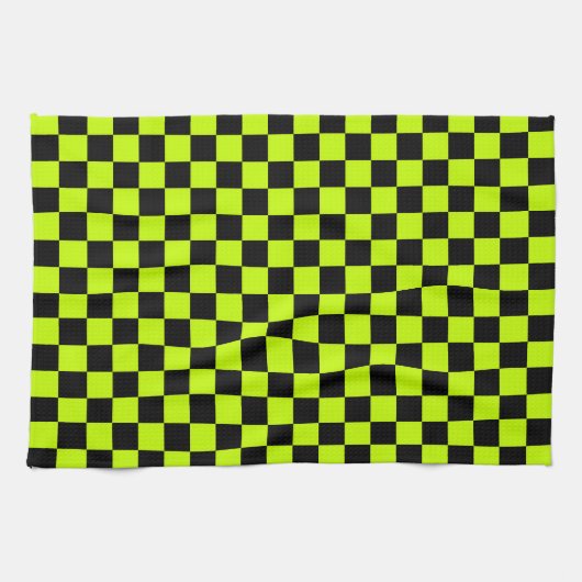 Acid green black checkerboard pattern theedoek (Horizontaal)