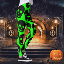 Acid Green Gothic Big Black Skulls Leggings