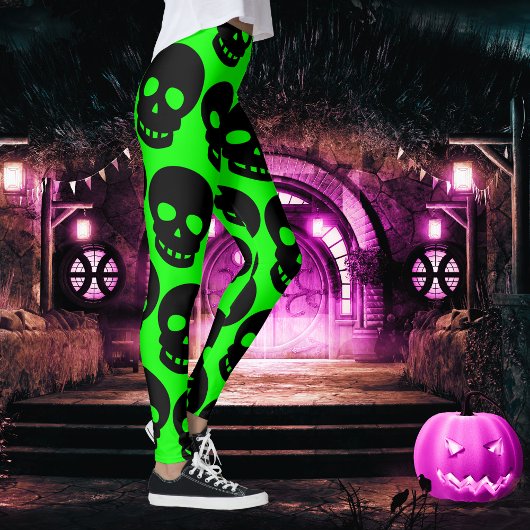 Acid Green Gothic Big Black Skulls Leggings