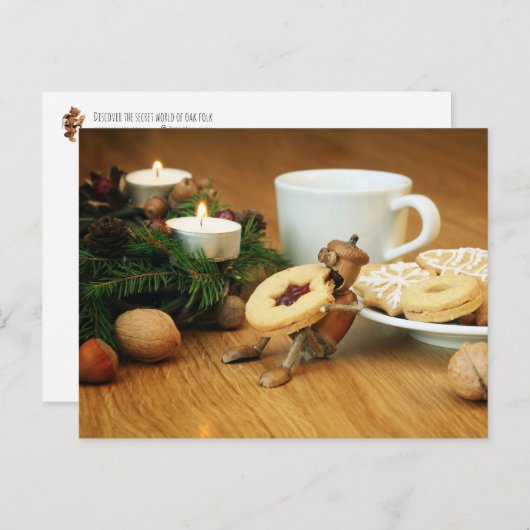 Acorn elf die koekjes eet - kerstkaart briefkaart (Voorkant / Achterkant)