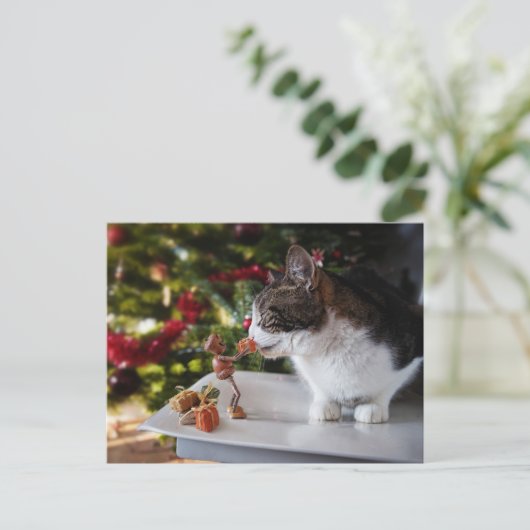Acorn Elf geeft kerstcadeau aan kat Briefkaart (Staand voorkant)