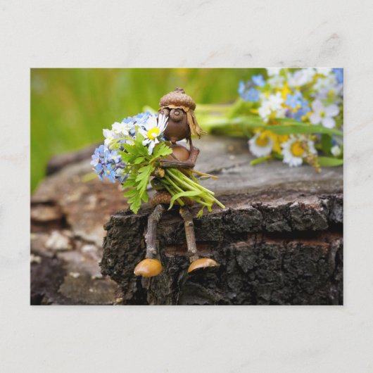 Acorn elf girl met briefkaart bloemen (Voorkant)