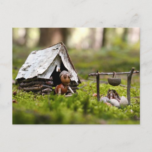 Acorn elf in de tent op de camping briefkaart (Voorkant)