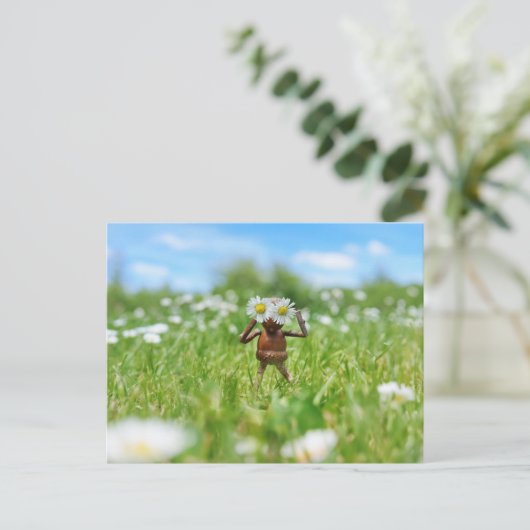 Acorn elf in de wei met madeliefjes - grappig briefkaart (Staand voorkant)