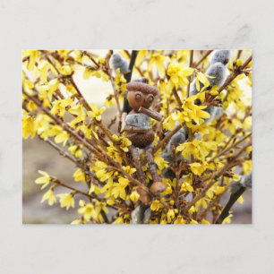 Acorn elf met briefkaart van catkins Spring