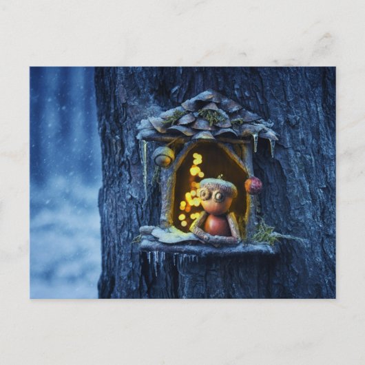 Acorn elf op zoek uit het raam winter briefkaart (Voorkant)