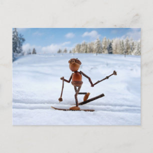 Acorn elf skiën op het sneeuwwinterbriefkaart briefkaart