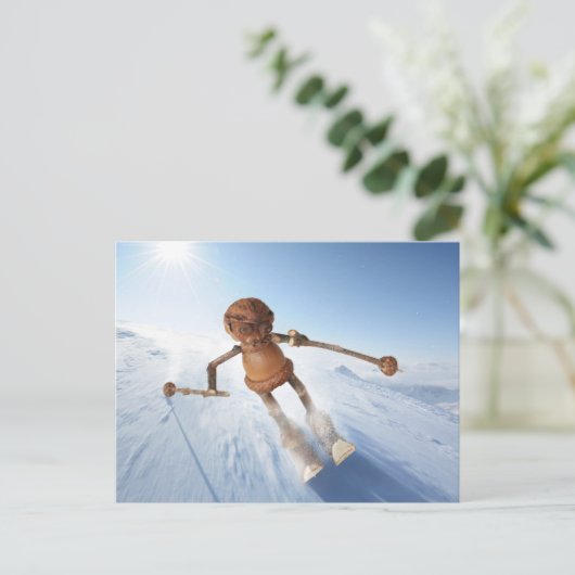 Acorn elf skiën op het sneeuwwinterbriefkaart briefkaart (Staand voorkant)