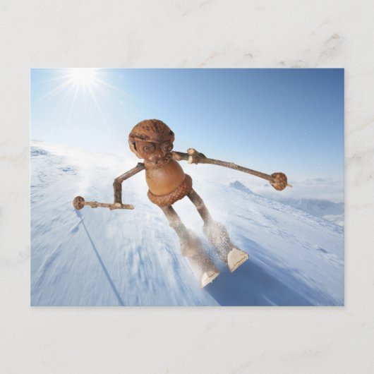 Acorn elf skiën op het sneeuwwinterbriefkaart briefkaart (Voorkant)