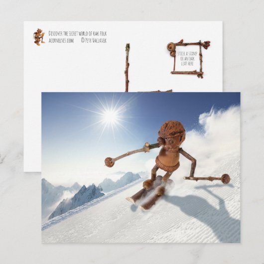 Acorn elf skiën op het sneeuwwinterbriefkaart briefkaart (Voorkant / Achterkant)
